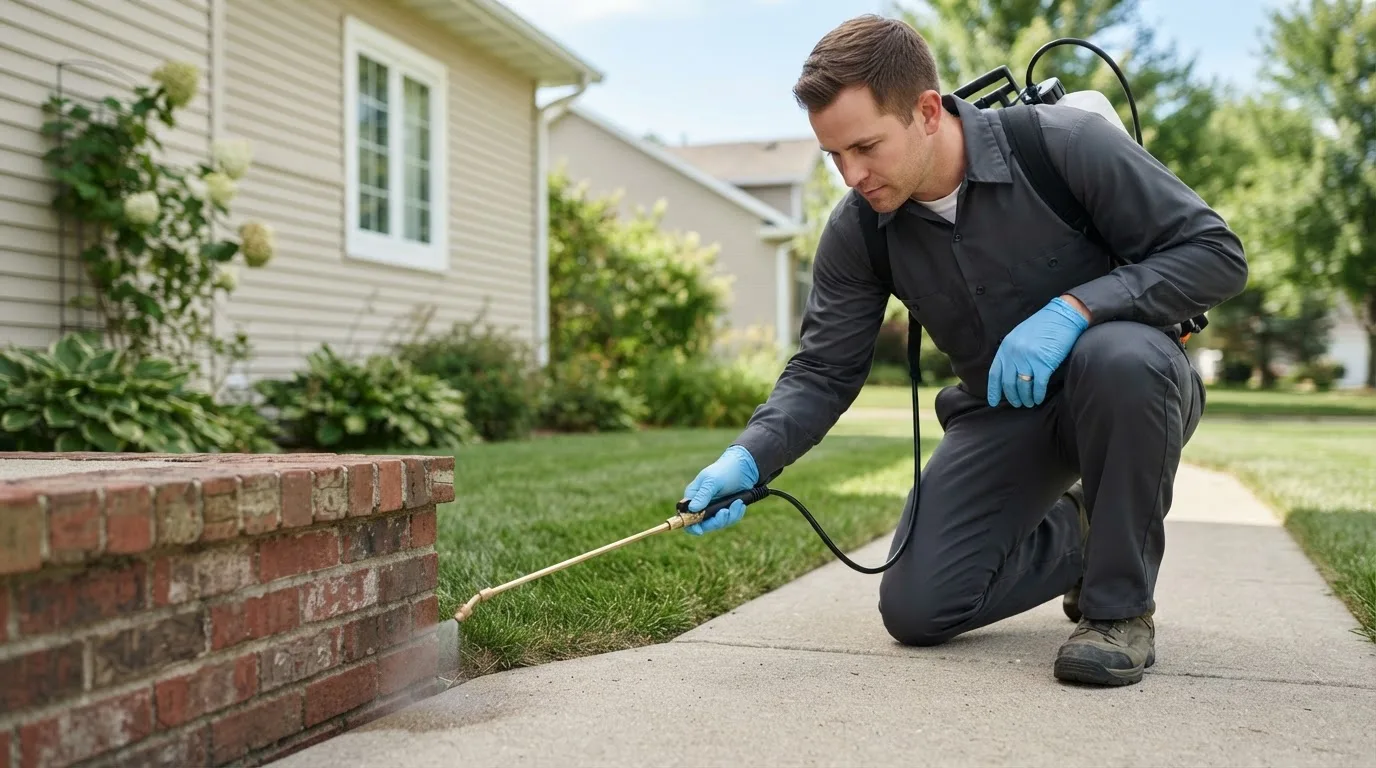 Pest control technician treating a home near Pleasant Unity, PA
